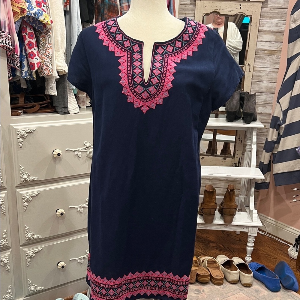 Vineyard Vines Navy and Pink Embroidered Midi Linen Dress, EUC, 12
